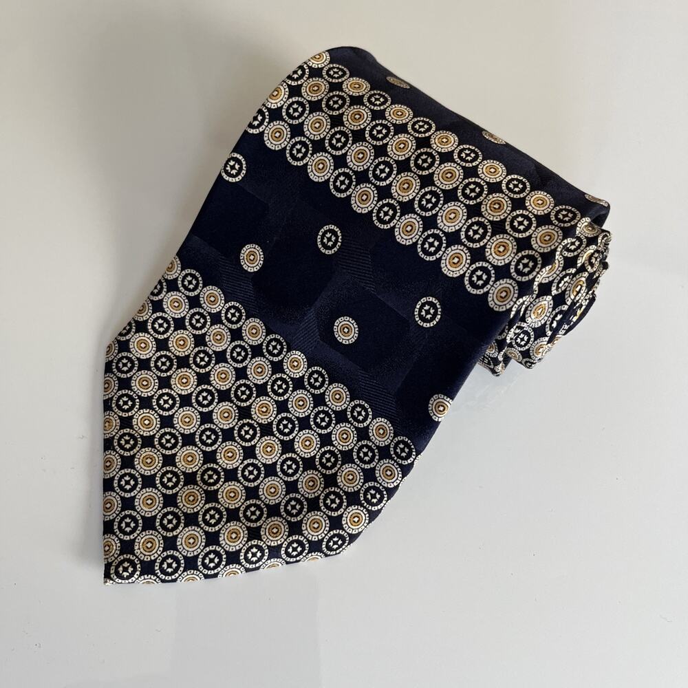 Polo Ralph Lauren Men's Silk Tie Geometric Foulard Navy Blue Gold Classic 3.5x58